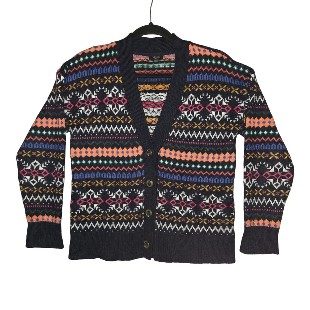 Talbots Women's Petite Medium Fair Isle Delight Cardigan Sweater V-Neck Button